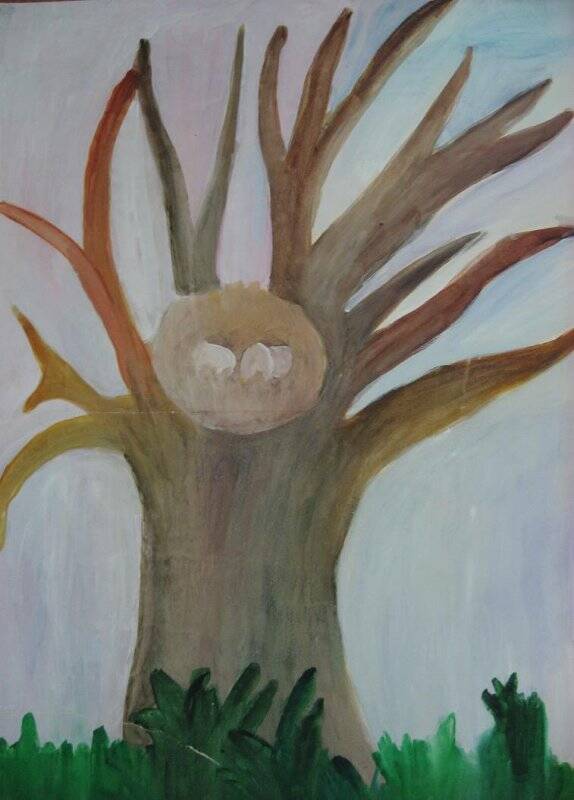 Дерево с гнездом. Детский рисунок