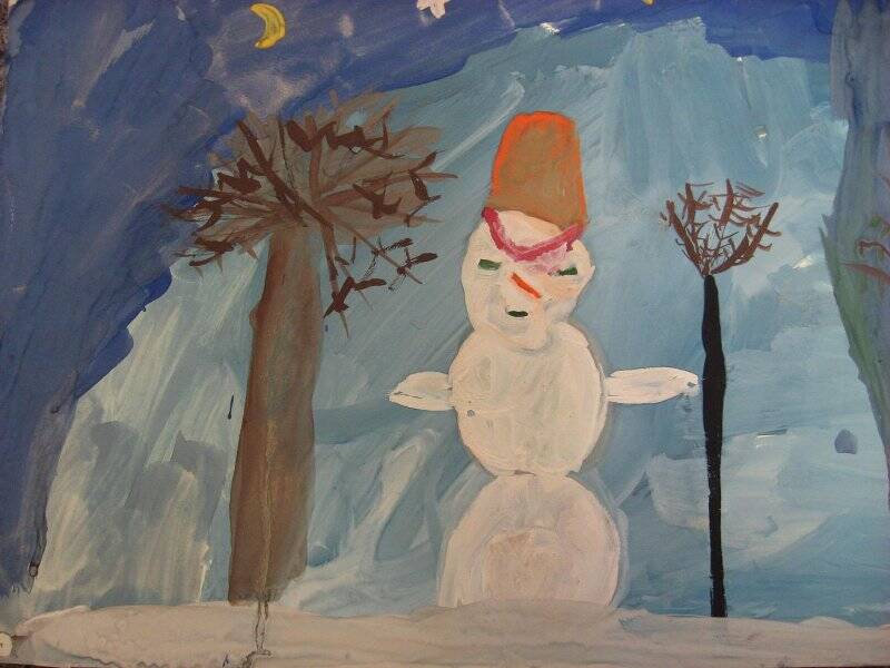 Снеговик зимой. Детский рисунок