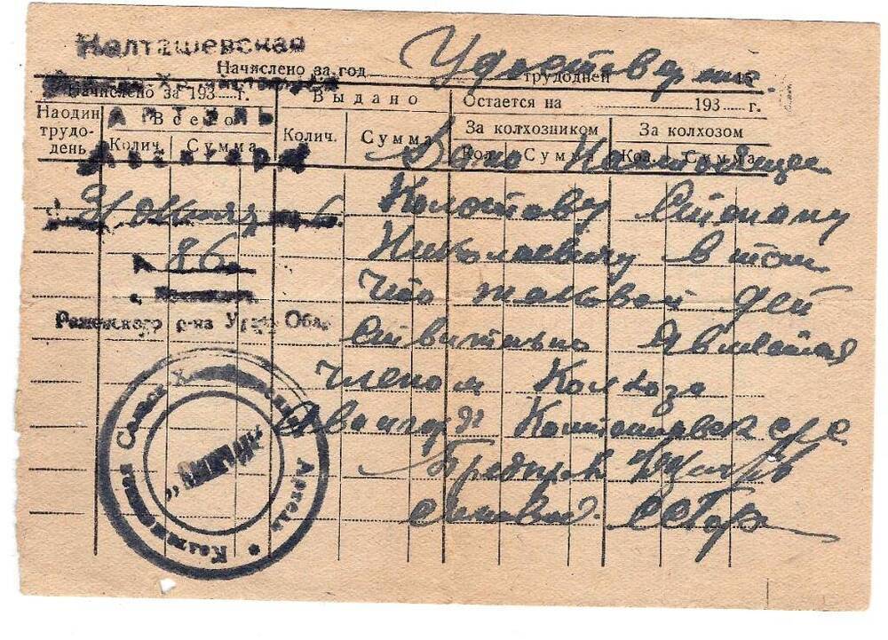 Удостоверение из Колташевской с/х артели Авангард. 