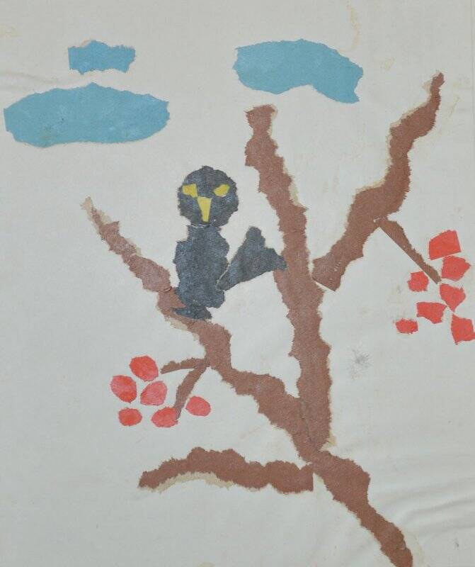 Детский рисунок. Ворона на рябине.