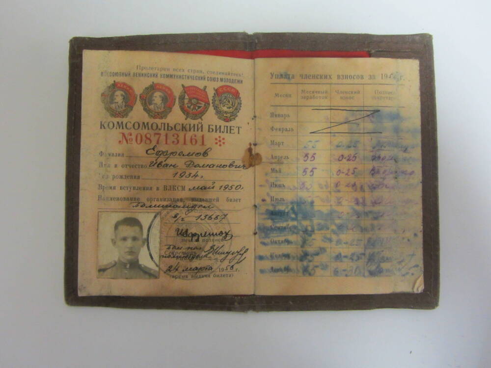 Комсомольский билет Ефремова Ивана Романовича, 24 марта 1956г.