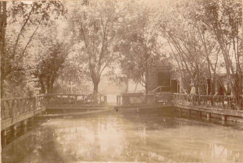 Фотография видовая черно-белая. Озеро в городском саду г. Вольска.