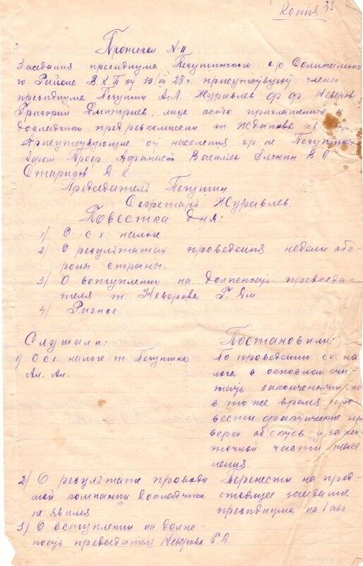 Протокол №11 заседания президиума Пегушинского сельсовета Соликамского района от 30 июля 1928 г. Копия.