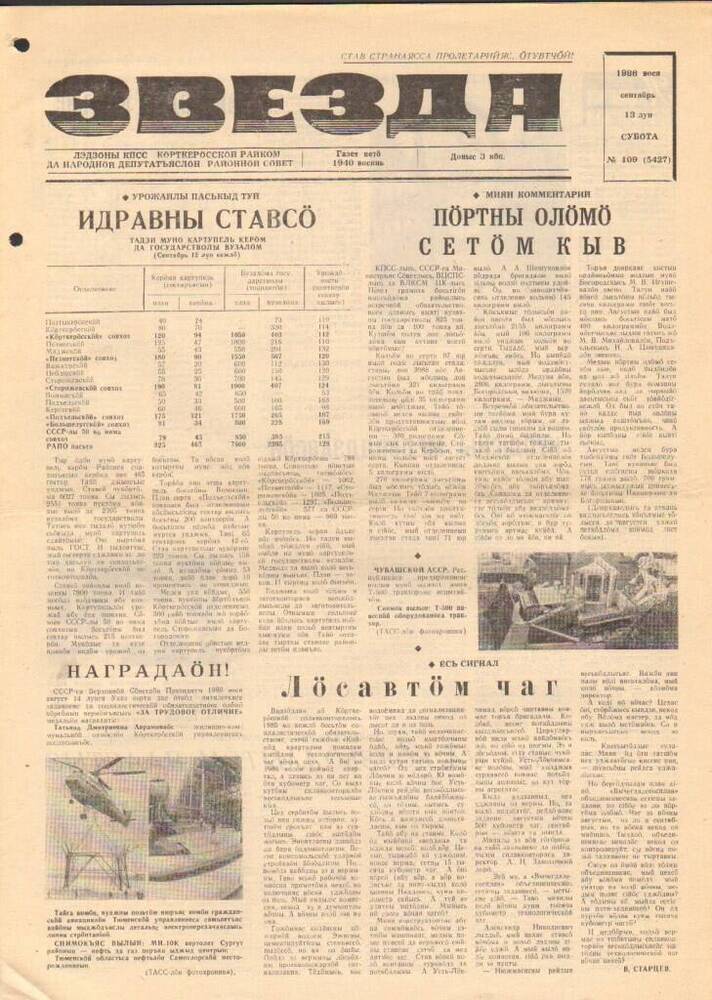Газета Звезда № 109 1986 год