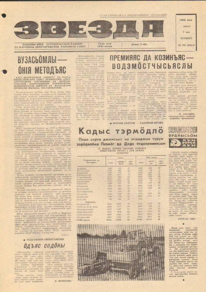 Газета Звезда № 94 1986 год