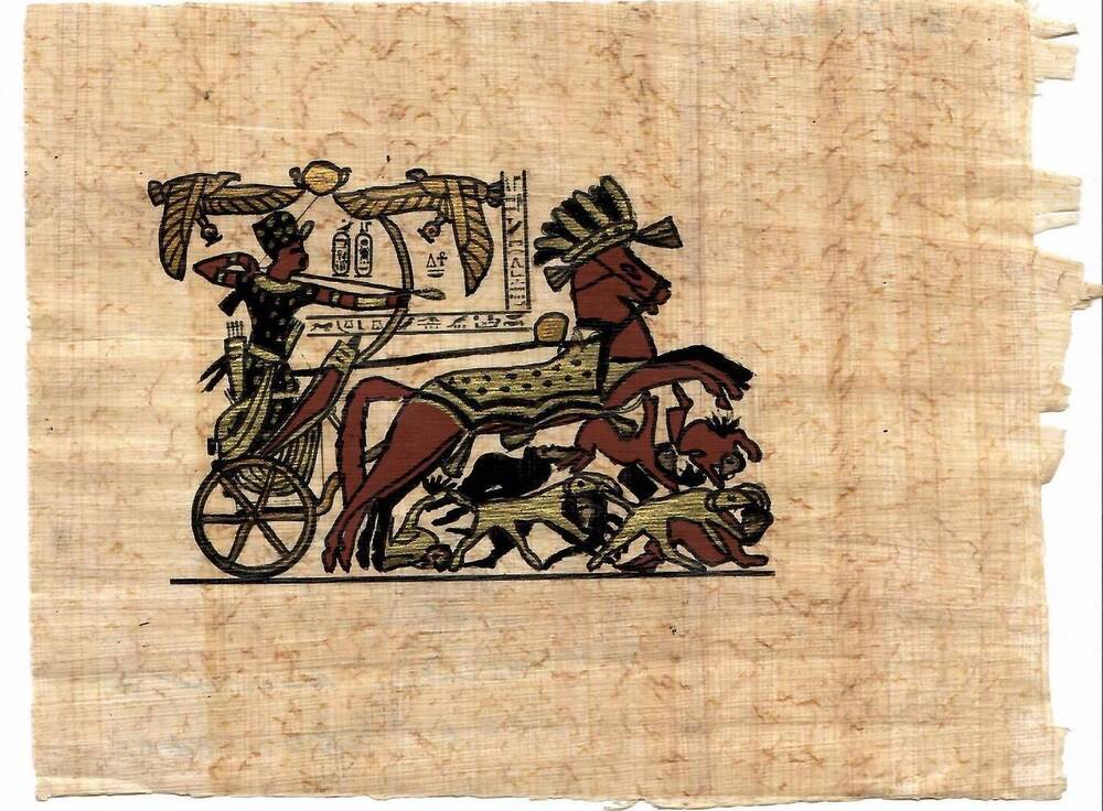 Папирус желтого цвета с коричневыми прожилками. На лицевой стороне рисунок- фараон в колеснице.