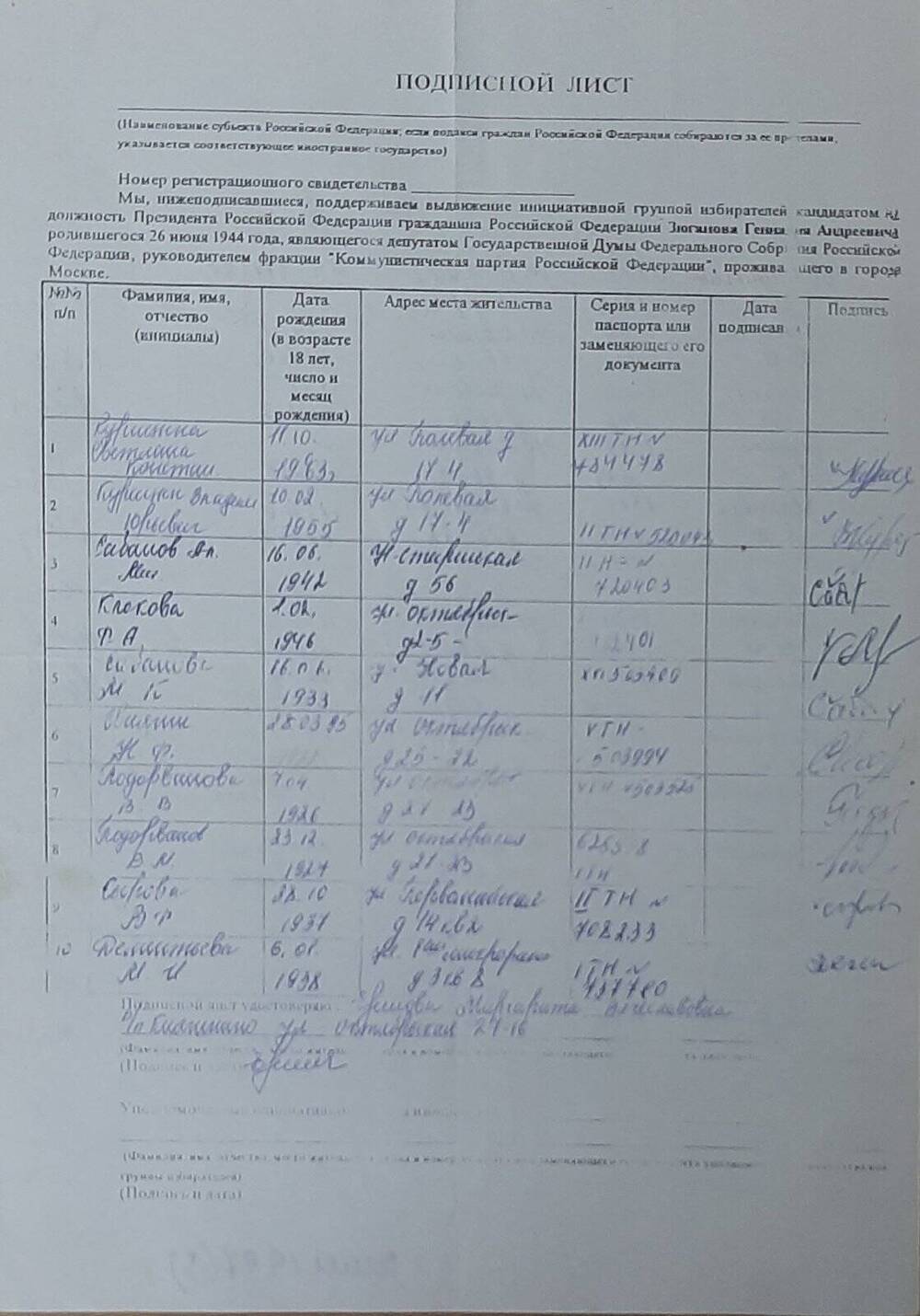 Лист подписной в поддержку Тушева А. кандидата в президенты.