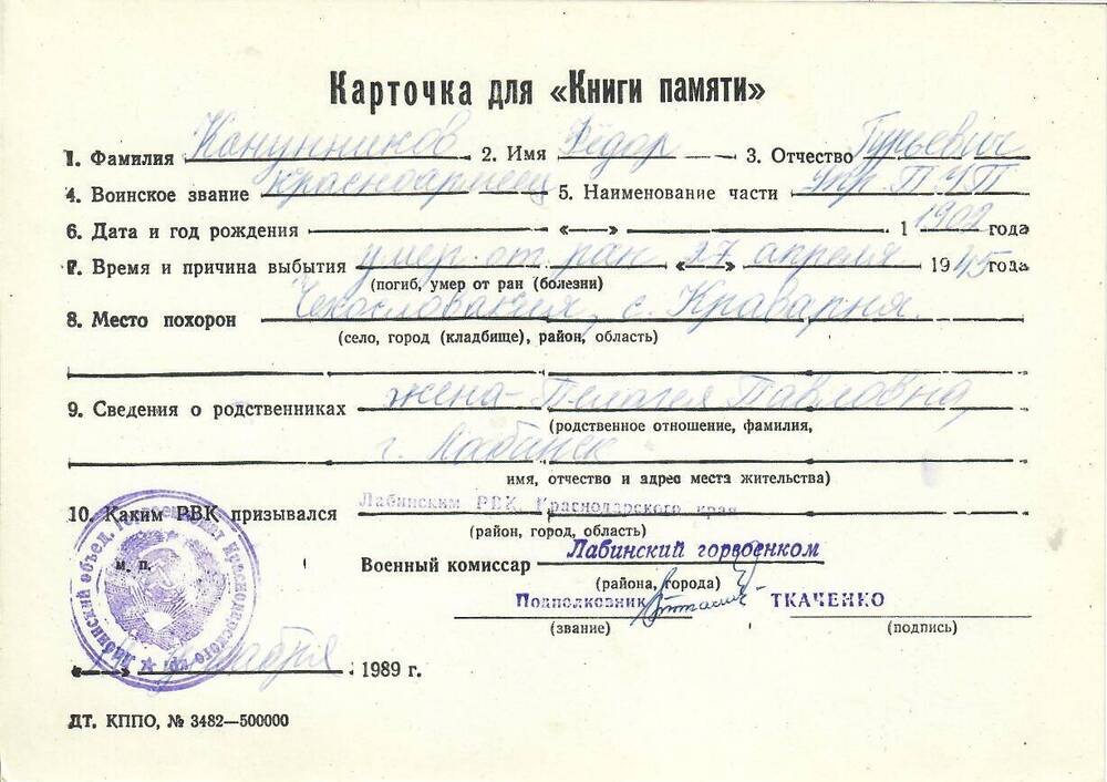 Карточка для «Книги Памяти» на имя Канунникова Федора Гурьевича, 1902 года рождения, красноармейца; умер от ран 27 апреля 1945 года.