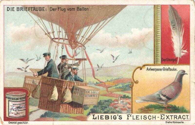 Открытка цветная иллюстрированная «Die brieftaube: der flug vom ballon» (почтовый голубь: полет на воздушном шаре) // Набор рекламных открыток «Liebig’s fleisch-extract». Набора рекламных открыток «Liebig’s fleisch-extract» (мясной концентрат  Либига).