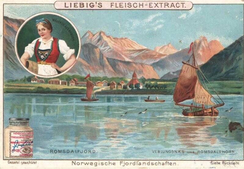 Открытка цветная иллюстрированная с изображением  горного  пейзажа Норвегии и девушки в национальном норвежском костюме // Набор рекламных открыток «Liebig’s fleisch-extract»( мясной концентрат). Набора рекламных открыток «Liebig’s fleisch-extract» (мясной концентрат  Либига)., Набора рекламных открыток «Liebig’s fleisch-extract» (мясной концентрат  Либига).
