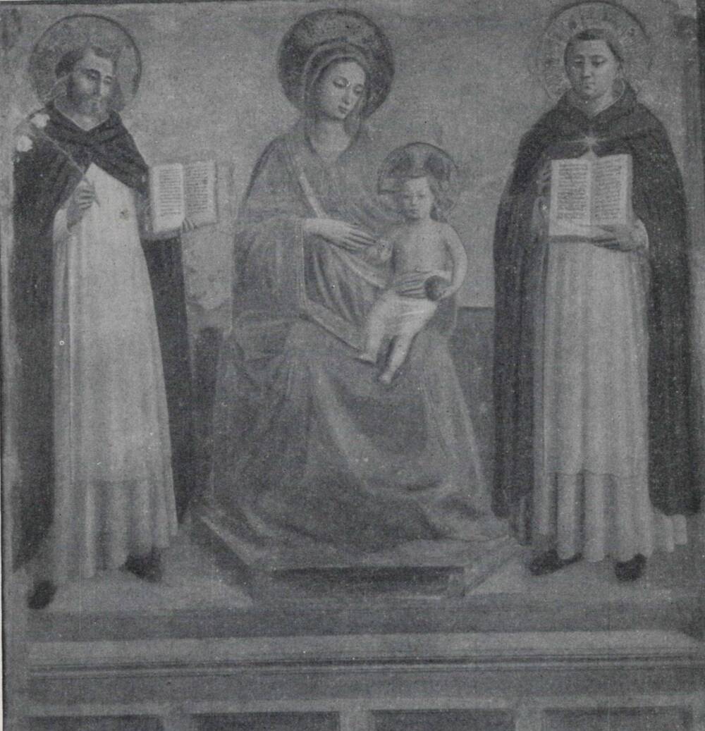 Фотооткрытка. Фра Беато Андиелико Да Фьезоле Мадонна с младенцем, святыми Домиником и Фомой Аквинским .