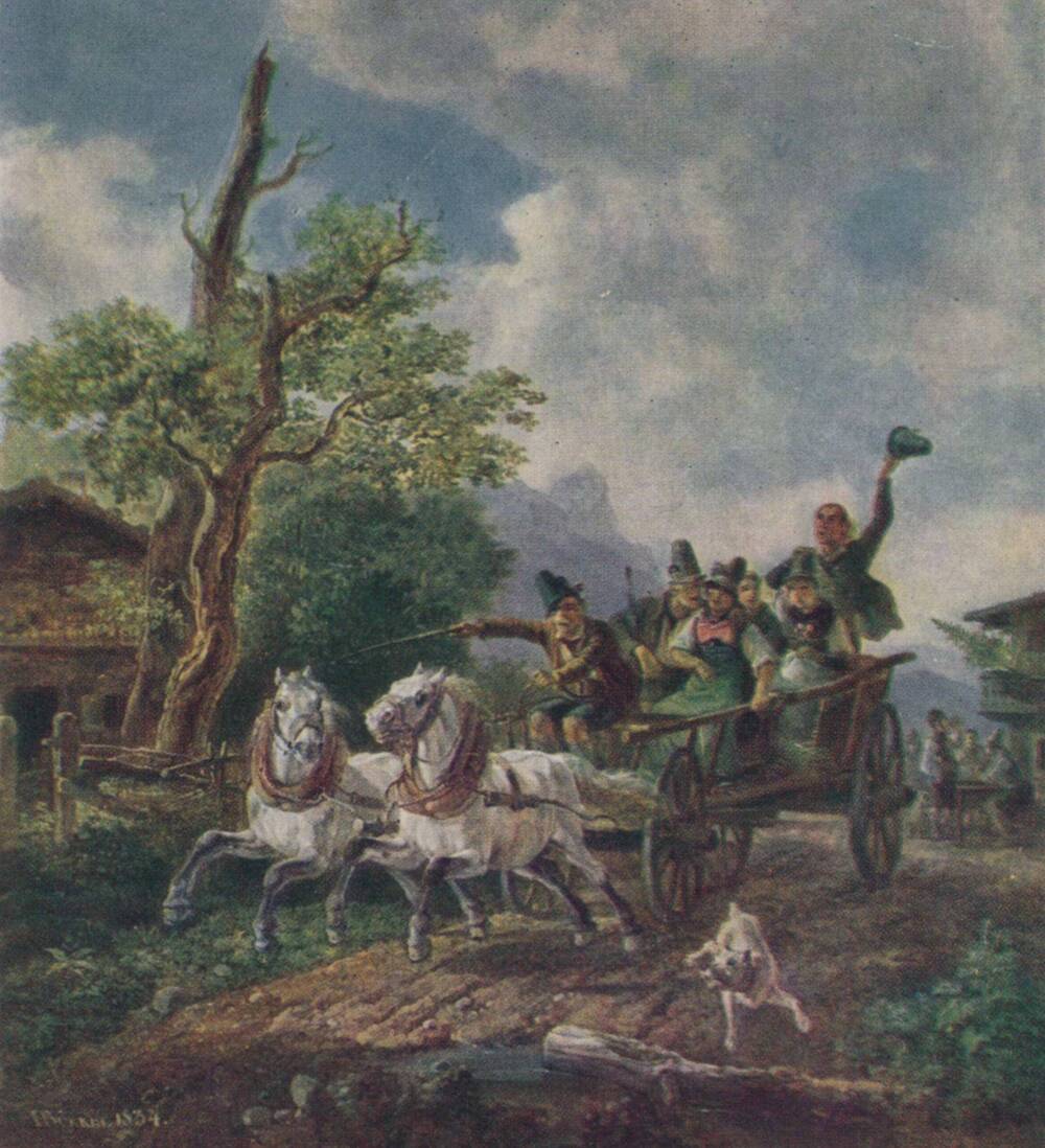 Фотооткрытка. Генрих Бюркель Деревенская повозка. 1834 г.