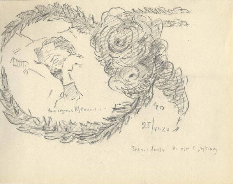 Рисунок. «Наш спутник Щепкин» из альбома рисунков Е.И. Орлова, посвященного Норильской экспедиции 1920 г.