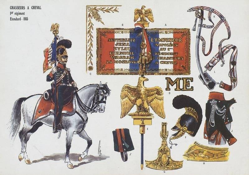 Лист. Chasseurs a Cheval 1-er régiment Etendard 1815. Le plumet, planche 193. 1-й конный егерский полк 1815. Лист 193