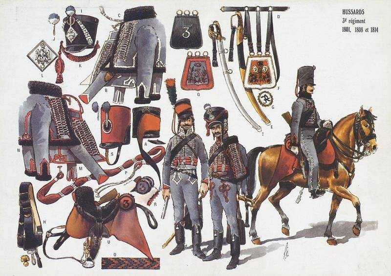 Лист. Hussard 3-e régiment 1801, 1808 et 1814. Le plumet, planche U10. Гусарский 3-й полк 1801, 1808 и 1814 годов.