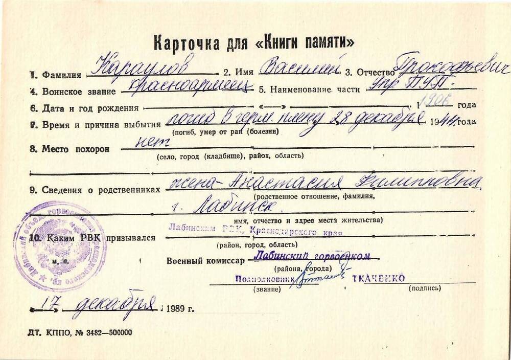 Карточка для «Книги Памяти» на имя Караулова Василия Прокофьевича, предположительно 1906 года рождения, красноармейца; погиб в германском плену 28 декабря 1944 года.