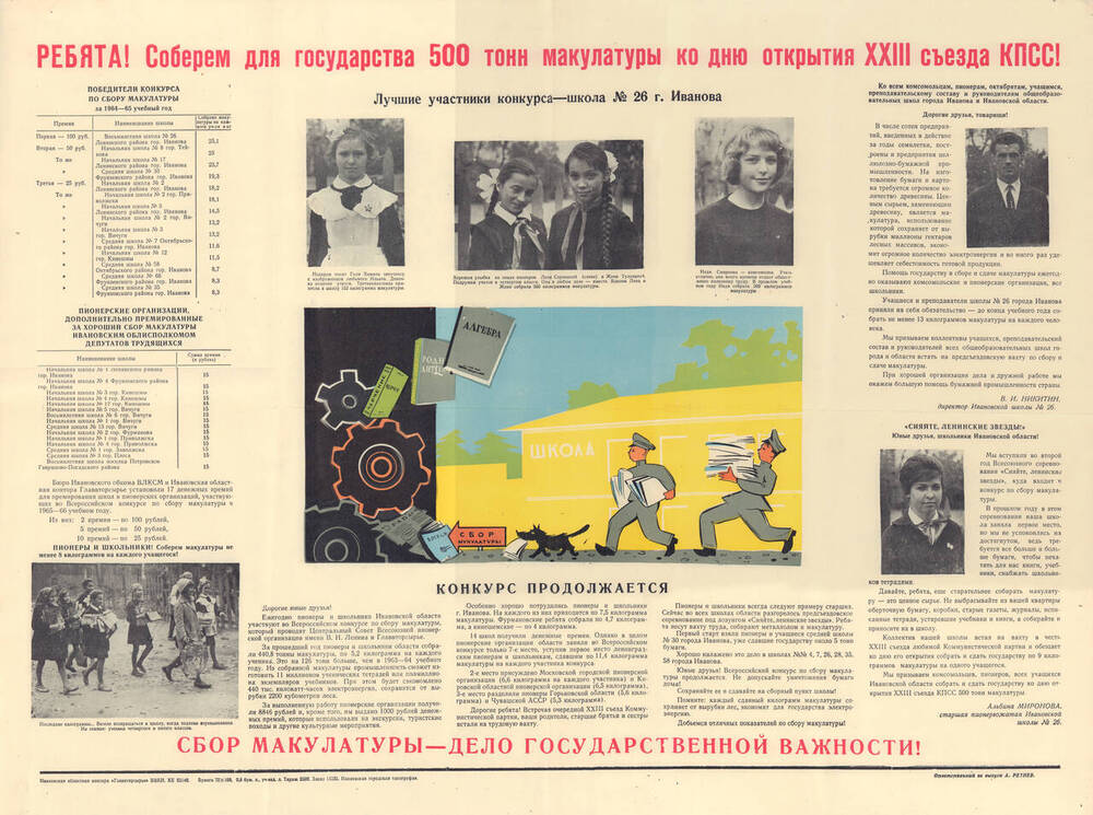 Информационный листок, посвященный сбору макулатуры Ивановской пионерией ко дню открытия XXIII съезда КПСС.