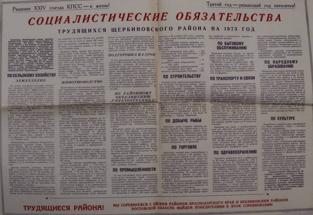 Плакат. Социалистические обязательства трудящихся Щербиновского района на 1973 г.. 