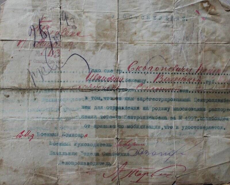 Удостоверение Скураповича П.И. в том, что он освобожден от призыва по мобилизации на основании распоряжения Центропленбежа за № 4997.  14.03.1919г.