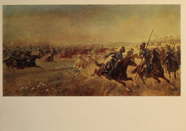 Открытка почтовая В.В. Мазуровский (1859 - 1917). Схватка казаков Платова с французской кавалерией под Миром 27 июня 1812 года. 1912 г.
