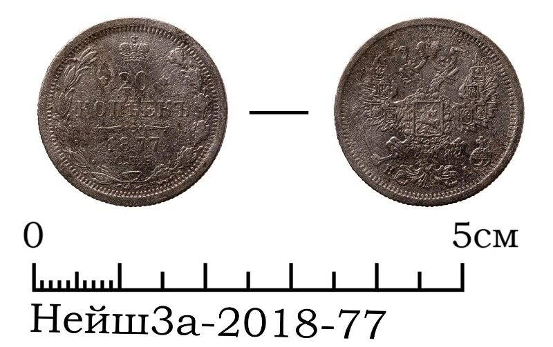 Монета цветного металла номиналом 20 копеек 1877 года
