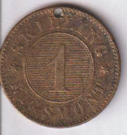 Монета Дании. Номинал 1 скилинг 1856 года