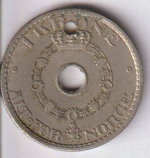Монета Норвегии 1 крона (= 100 эре)