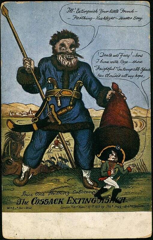 Почтовая карточка. «The Cossack Extinguisher» из серии «1812-1912. Наполеон I. Карикатуры: копии с картин художников 1812». Казак-гаситель