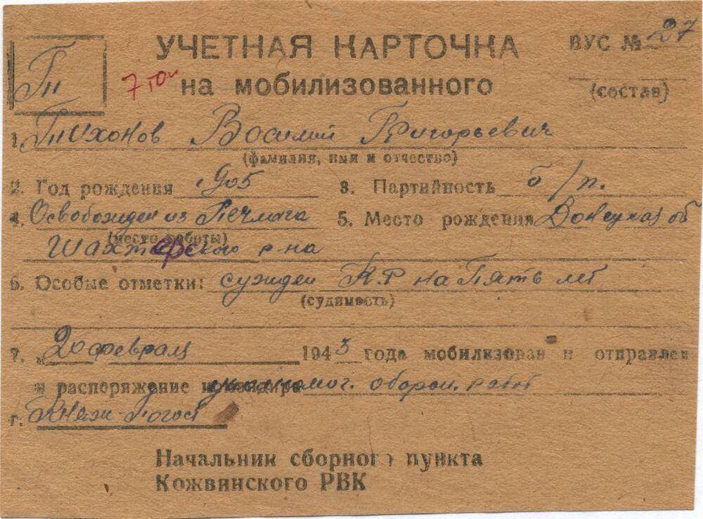 Документ Учётная карточка на мобилизованного Кожвинским РВК в Красную Армию Тихонова Василия Григорьевича