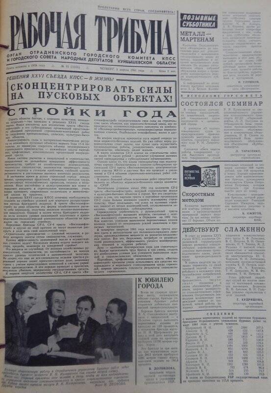 Газета Рабочая трибуна № 43 (3253), четверг, 9 апреля 1981г.