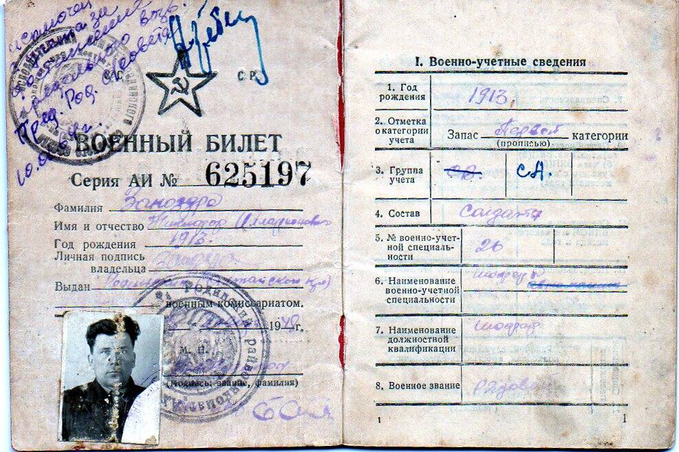 Военный билет АИ № 625197 выдан Заноздра Никифору Илларионовичу.