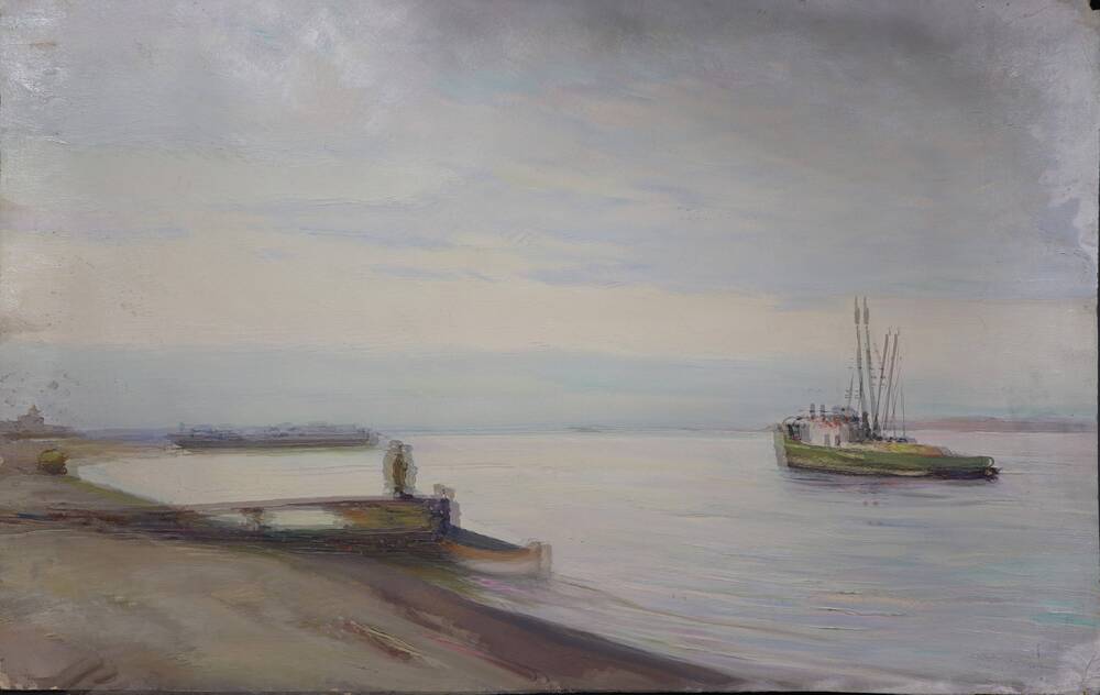 Картина Речной пейзаж с рыболовным судном