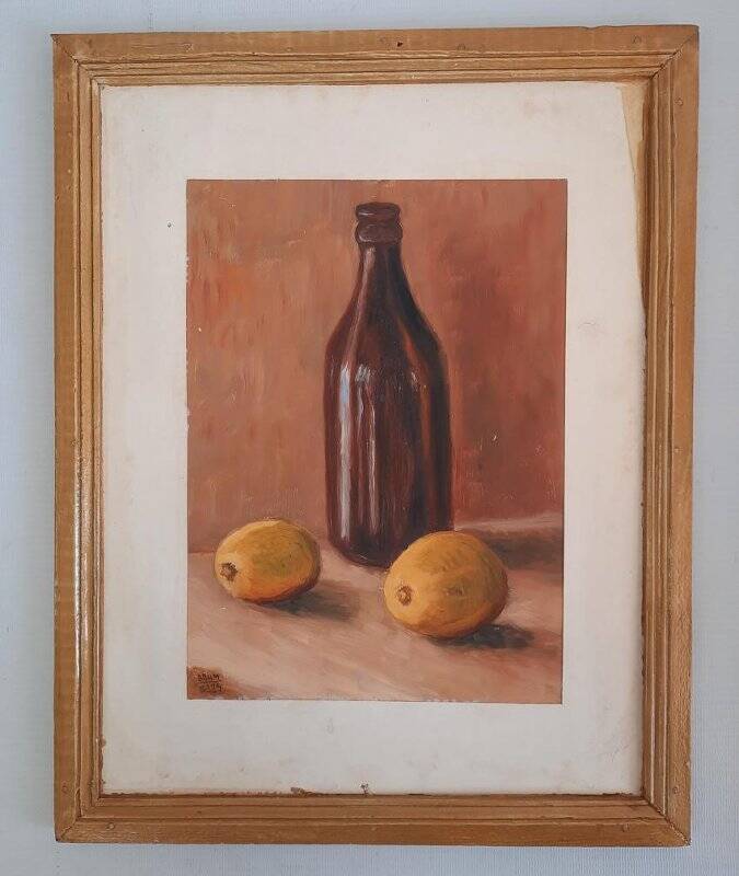 Натюрморт бутылка с лимонами. Картина
