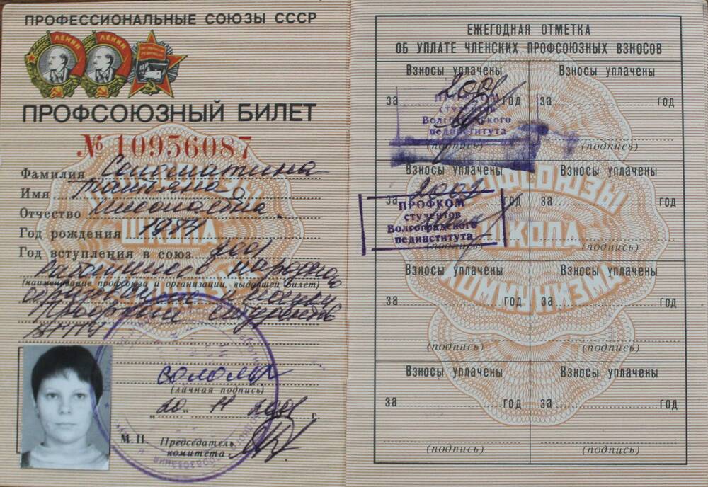Билет профсоюзный №10956087 Соломатина Т.Н., 2001 г.