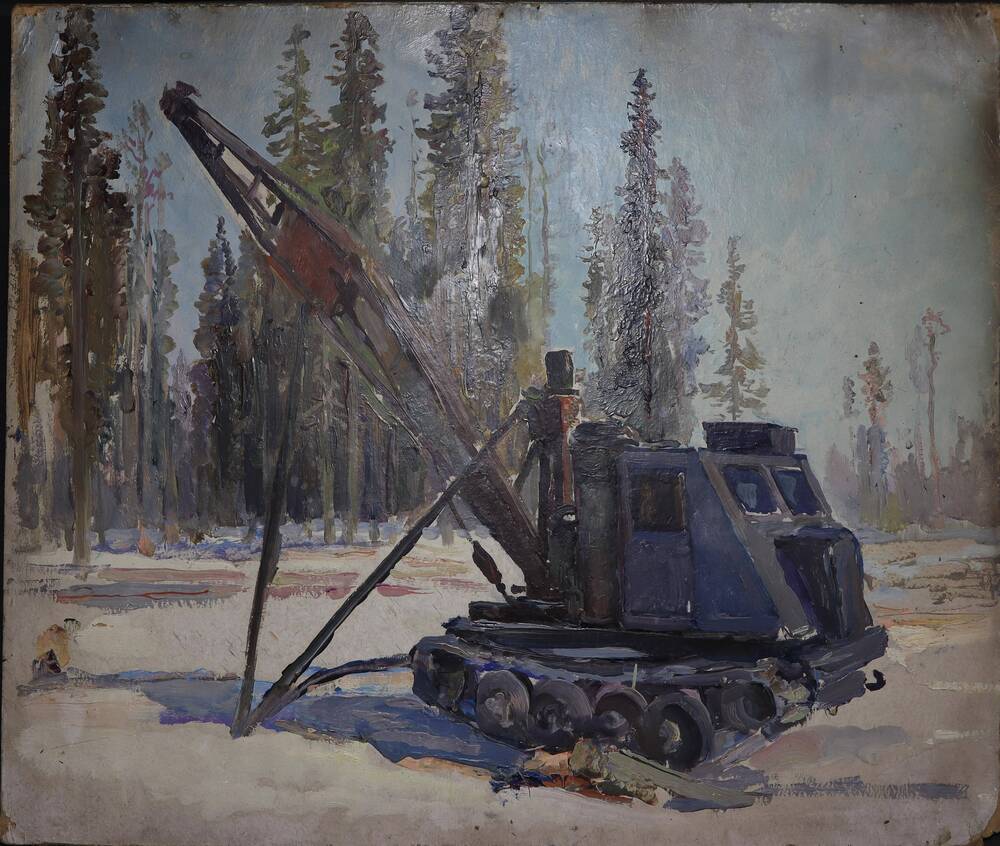 Картина Трактор в лесу зимой