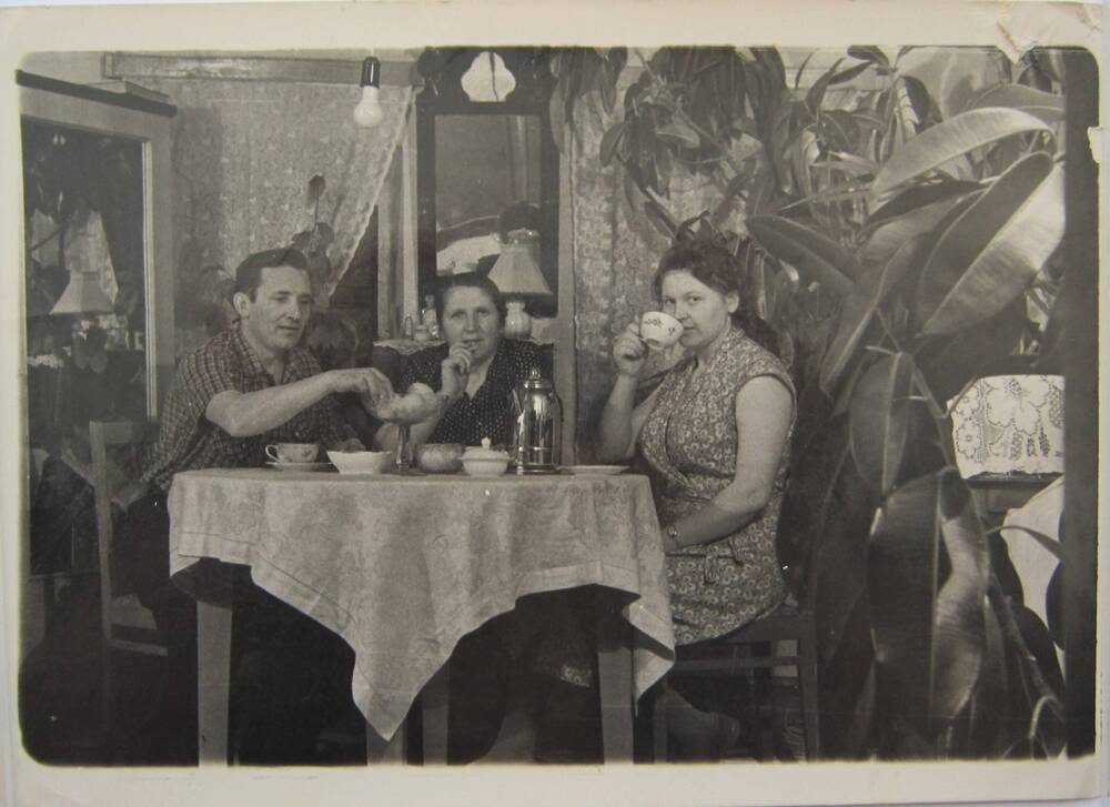 Фотоснимок. На снимке семья из трёх человек, две женщины и мужчина пьют чай за круглым столом. Справа большой фикус, на заднем плане 2 окна. 1962 г. СССР.
Коллекция фотографий 40-50-х годов, собранная 
Березнёвой М. А.