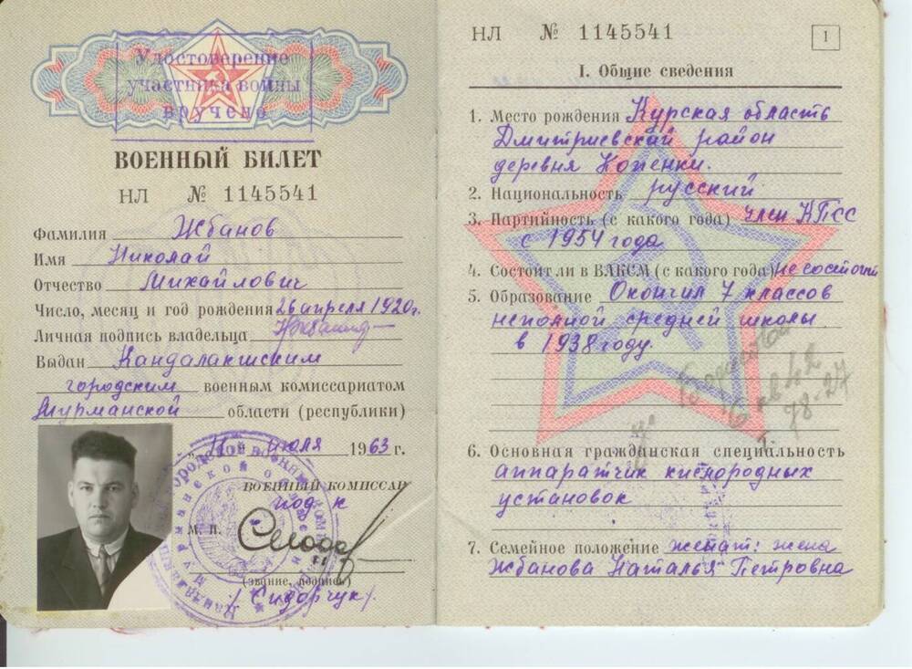 Военный билет НЛ №1145541 Жбанова Н. М. 12 июля 1963г. 36 стр.