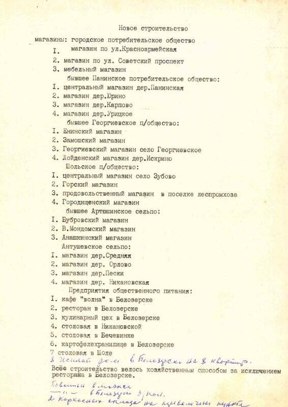 Справка «Новое строительство магазинов в Белозерске и Белозерском районе», 1970 гг.