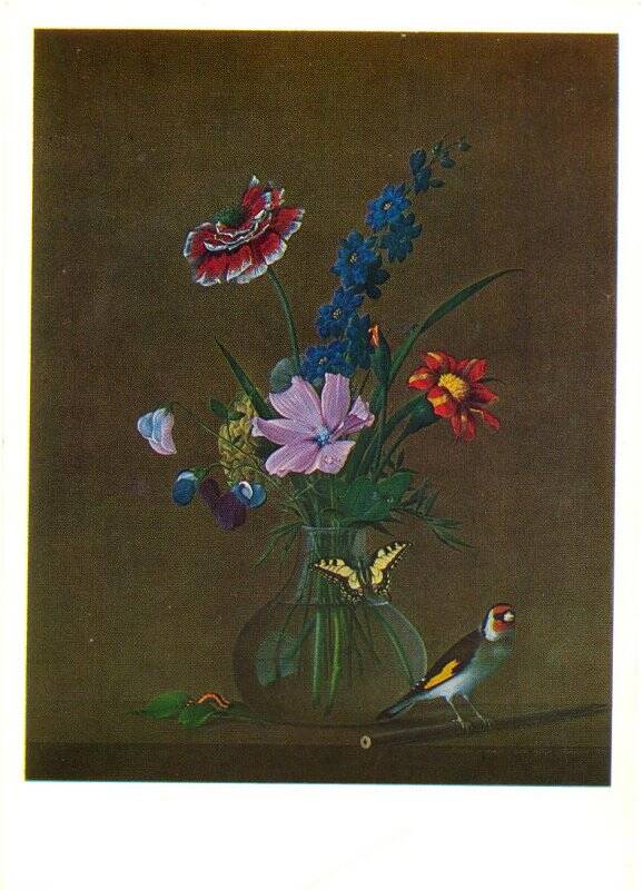 Открытка. Ф. П. Толстой Букет цветов, бабочка и птичка