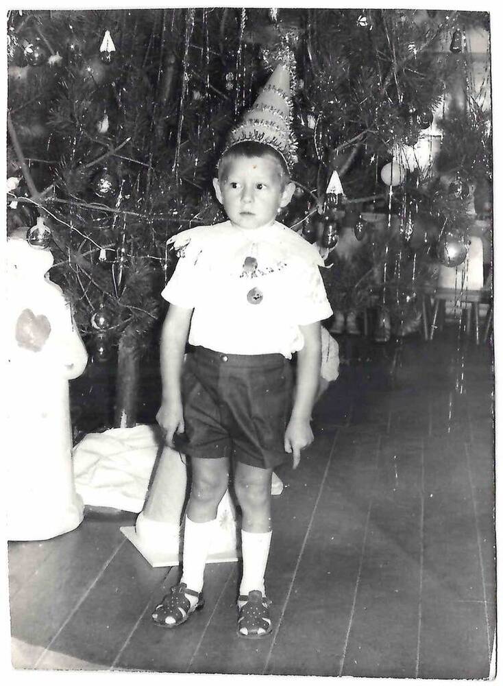 Фотография черно-белая Фурдуй Е. Изображен на фоне новогодней елки.
