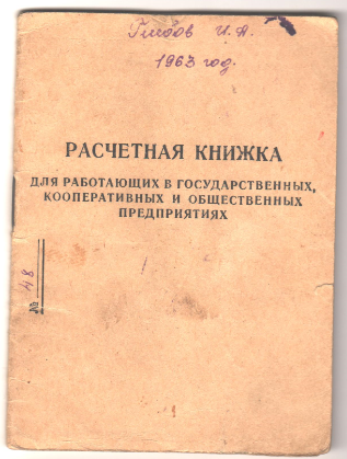 Расчетная книжка Расчетная книжка  Глебова И.А., капитана п/х Якша, пристань Троицко-Печорск, 1963 г.