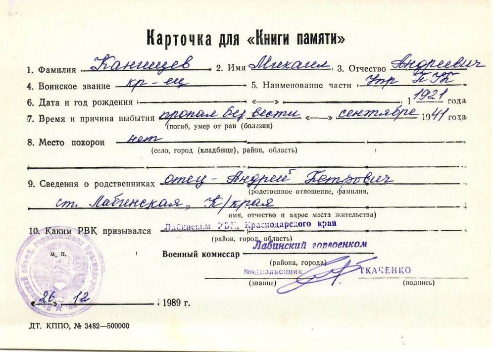 Карточка для «Книги Памяти» на имя Канищева Михаила Андреевича, 1921 года рождения, красноармейца; пропал без вести в сентябре 1941 года.
