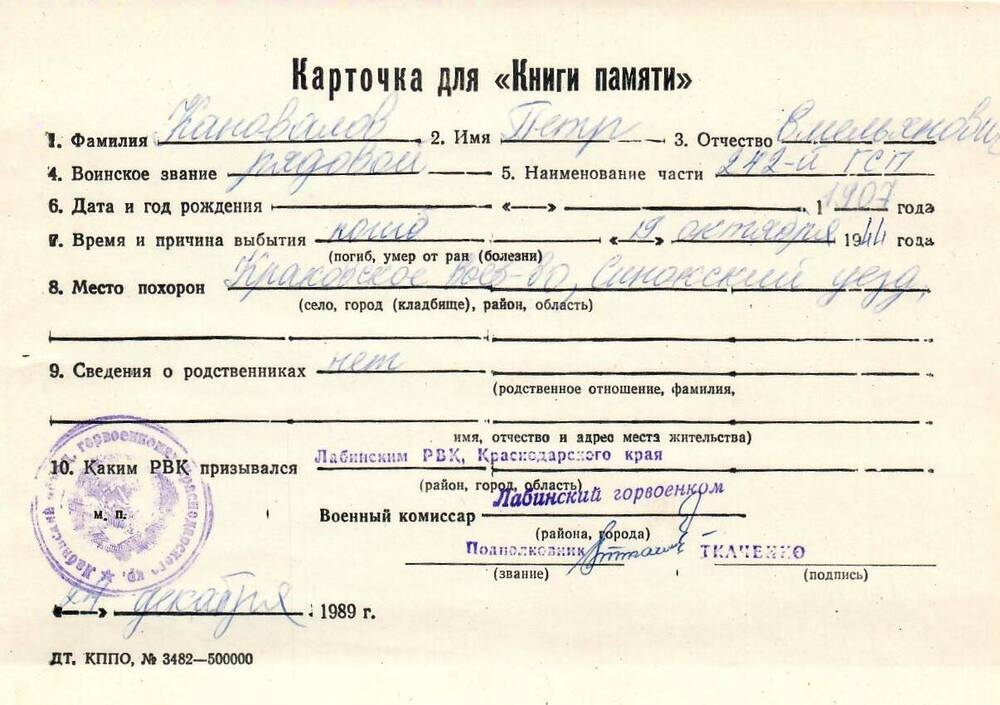 Карточка для «Книги Памяти» на имя Кановалова Петра Емельяновича, 1907 года рождения, рядового; погиб 19 октября 1944 года.