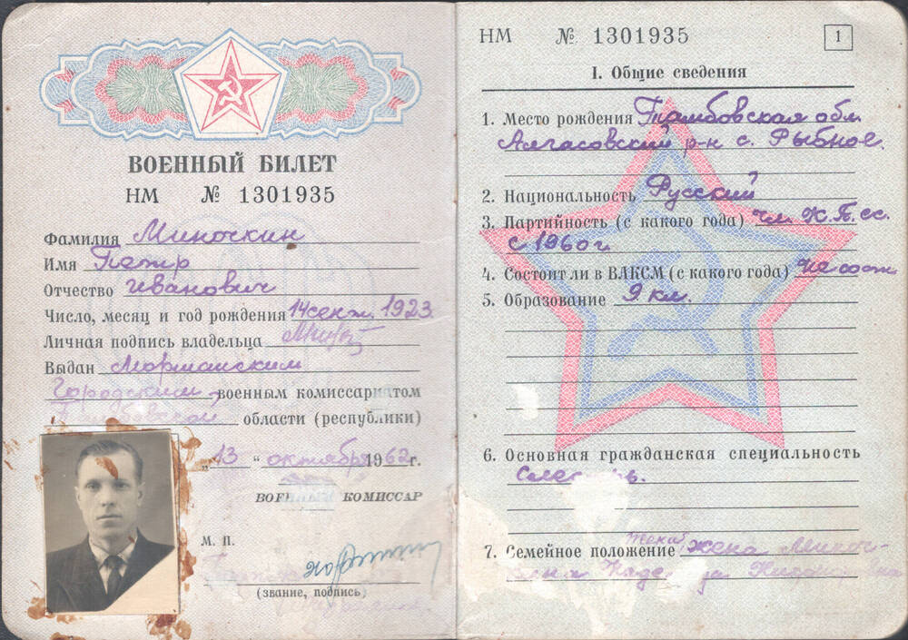 Военный билет НМ № 1301935 Миночкина Петра Ивановича.