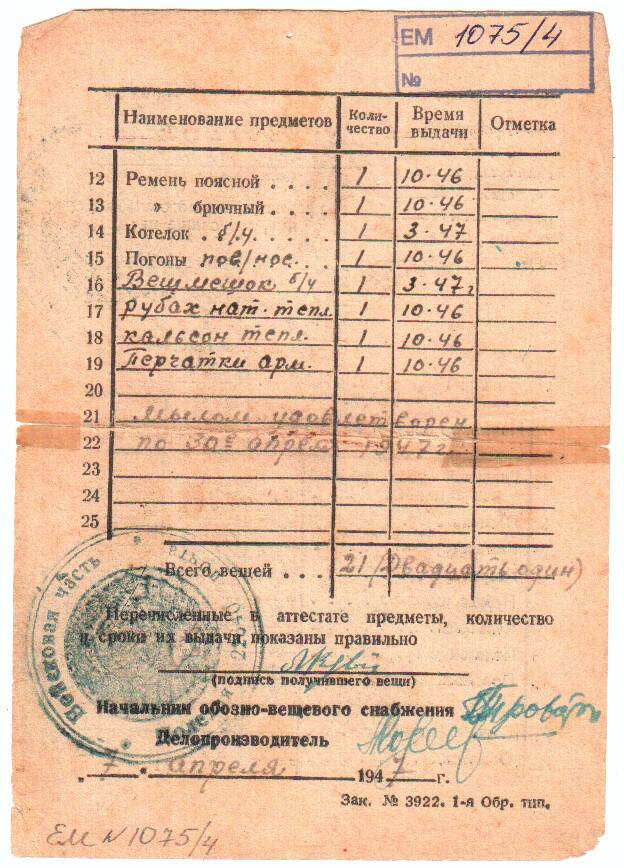 Аттестат № 2 Зуба М. З. 1947 г. Полевая почта 22640