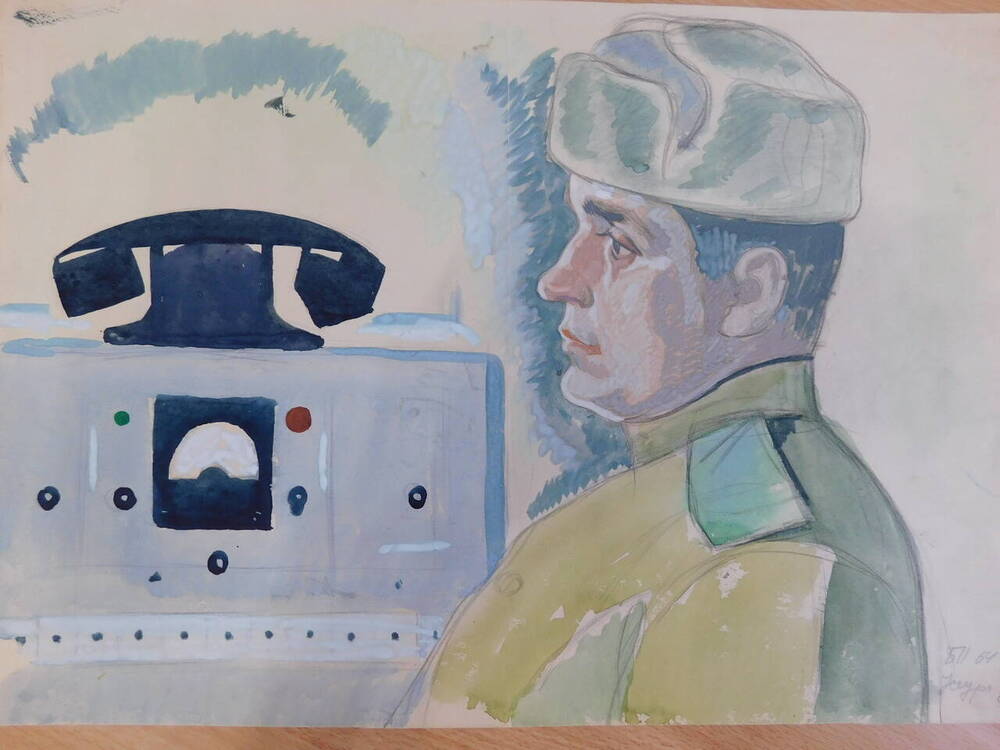 Живопись. Без названия. Погрудное изображение солдата в форме и шапке, профиль влево. Слева радиоаппаратура и телефон.
С автографом.






