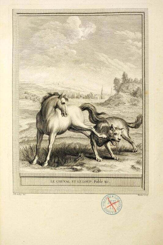 Le Cheval et le Loup. Fable XC. Илл. к книге: Лафонтен, Жан де. «Избранные басни» с иллюстрациями Жана-Батиста Удри. Том  II. 1755-1759