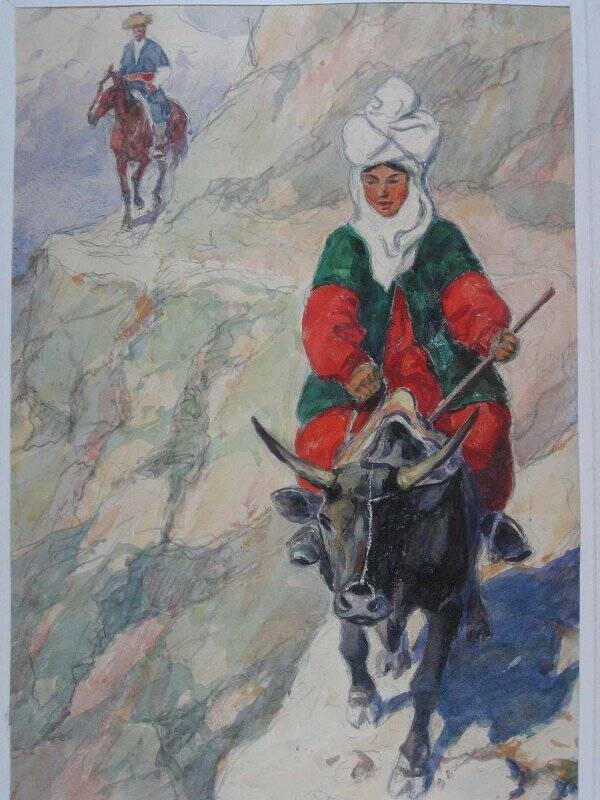 Графическая работа. Пара-киргизы в горах.