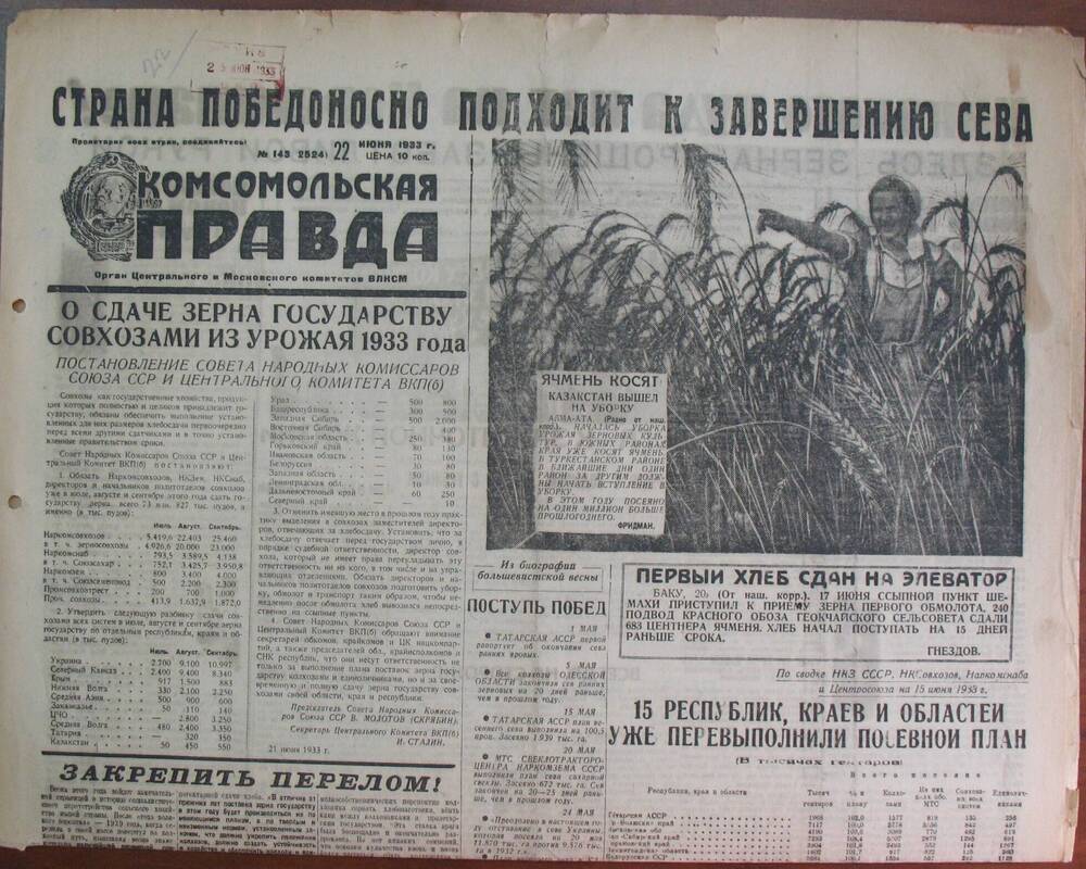 Комсомольская правда, газета № 143 от 22 июня 1933г