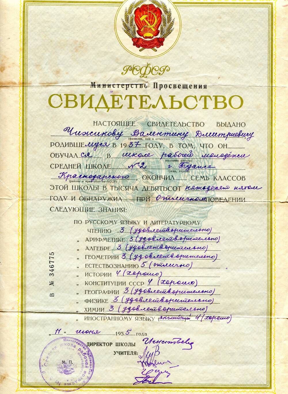 Свидетельство В № 346775 выдано Чижикову Валентину Дмитриевичу, родившемуся в 1937 году, об окончании средней школы рабочей молодежи № 2 г. Туапсе Краснодарского края.
